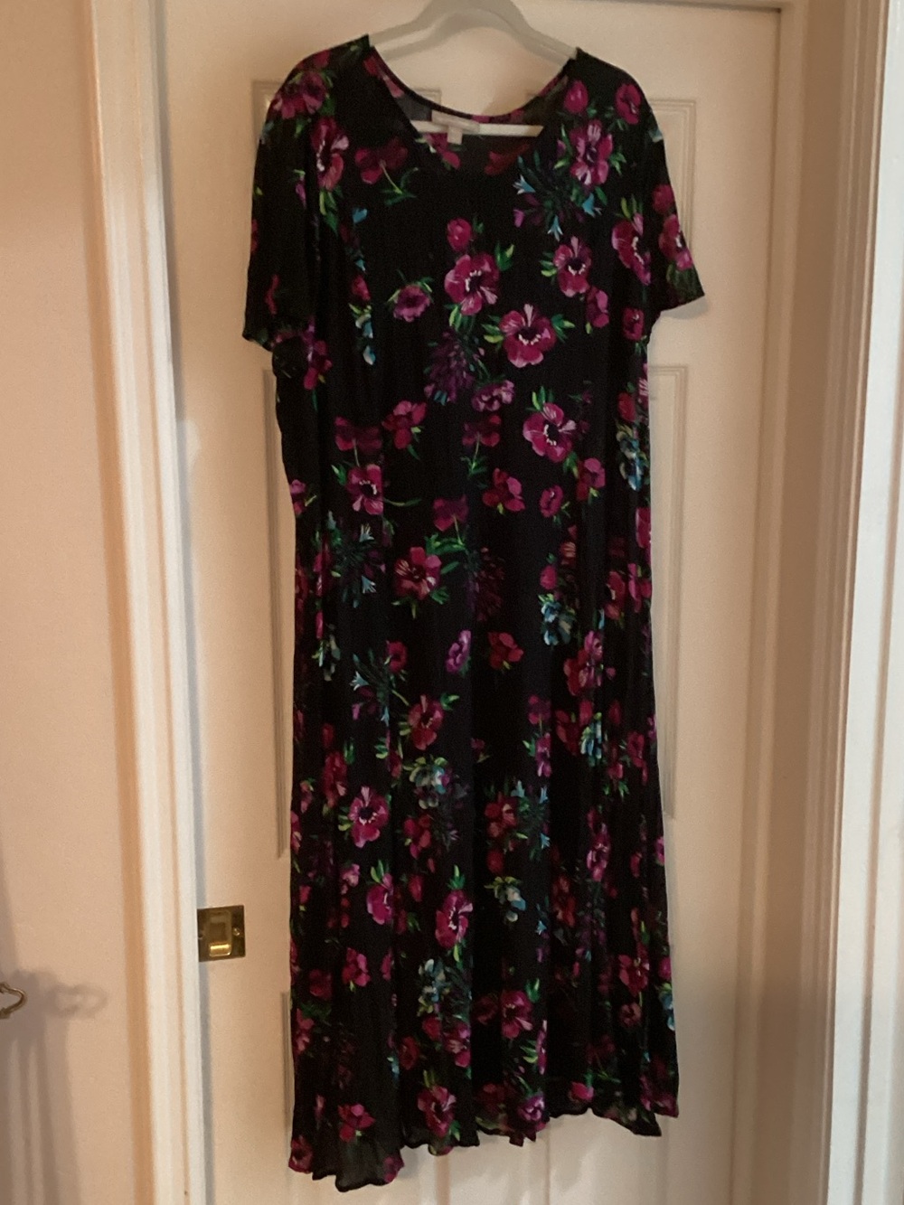 Woman Within Black Maxi Dress with Pink & Green Floral Print